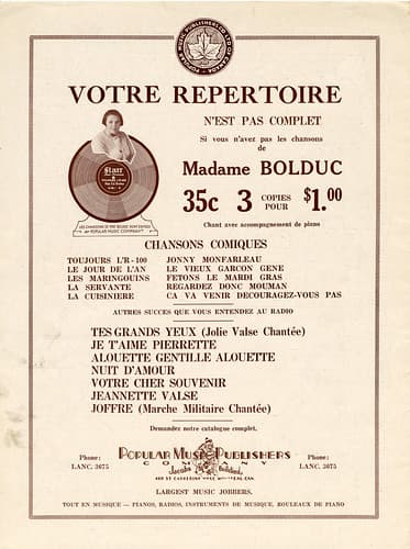Sheet music for La Bolduc's song, "Le Jour de l'An", about her family's New Year traditions / Musique en feuille de la chanson de La Bolduc « Le Jour de l'an » sur les traditions du Jour de l'an de la famille Bolduc