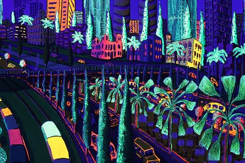 Pintura fosforescente que brilla גלריה אמנים ישראלים por la noche en luz ultravioleta