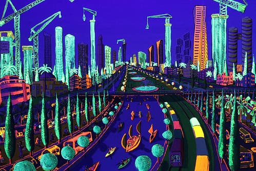 Pintura fosforescente que brilla por תערוכה אמנים ישראליים naive painter  la noche en luz ultravioleta