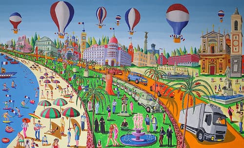 Un tableau représentant l'attaque terroriste dans la ville de Nice en France  des peintures dans le style de l'art naïf