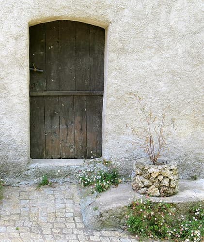Door and stone planter, Tourtour, Var, Provence, France