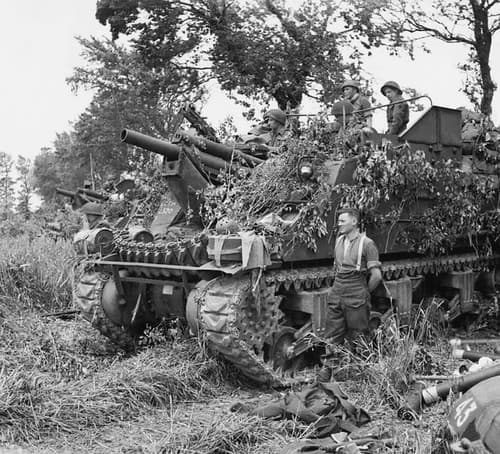 A battery of M7 Priest 105mm self-propelled guns from one of the 3rd Division’s Royal Artillery Field Regiments near Hermanville-Sur-Mer, France, 6 June 1944.