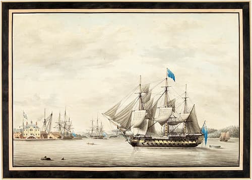 The H.M.S. Asia and the House of the Commissioner, Royal Naval Dockyards, Halifax, Nova Scotia / Voiliers, incluant HMS Asia, naviguant dans le port de Halifax, la maison du commandant àl'arrière-plan (Nouvelle-Écosse)