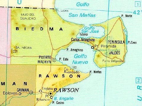 Mapa Península Valdes, Chubut, Patagonia Argentina.