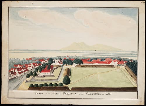 Tekening in vogelvlucht van de stad Soerabaja, 1800-1850 / Aerial drawing of the town of Surabaya, 1800-1850