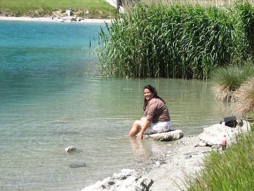 Gina dips her feet in the lake, Relais du Saint-Bernard, Martigny, Switzerland