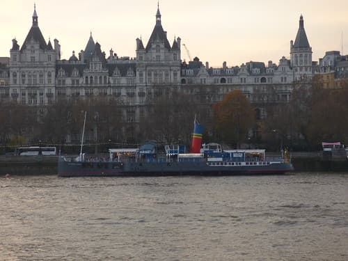 River Thames from the South Bank in London - The Royal Horseguards Hotel - boat - Tattershall Castle