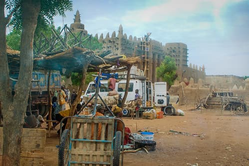 Market near the Great Mosque of Djenné in Mali.