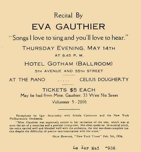 Announcement for one of Éva Gauthier's last recitals, May 14, 1936 / Annonce d’un des derniers récitals d’Éva Gauthier, 14 mai 1936