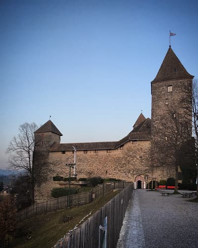 Medieval stone castle with tower and courtyard, Rapperswil, Switzerland, March 2019