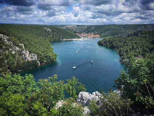View of the river Krka and the town Skradin, Croatia, May 2019