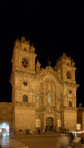 Cathedral of Cusco at night  in central Cuzco, Peru.