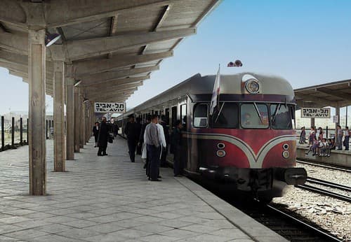 Israel railways - Esslingen Railcars on their First Public Trip in 1956 at the Old Tel Aviv Central [ Merkaz ] Station