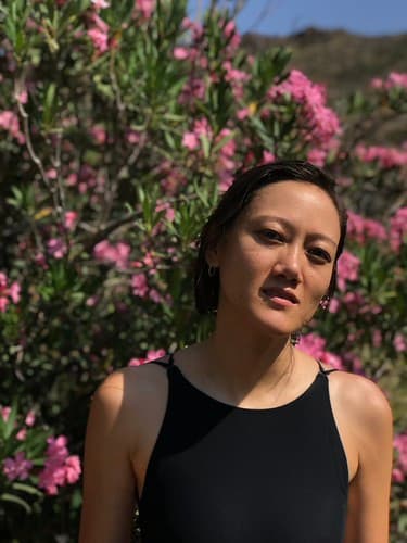 Asian Amateur Tiffany - Sexy Black Swimsuit and Pink Flowers on Serifos