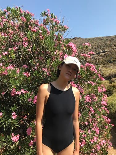 Asian Amateur Tiffany - Sexy Black Swimsuit and Pink Flowers on Serifos