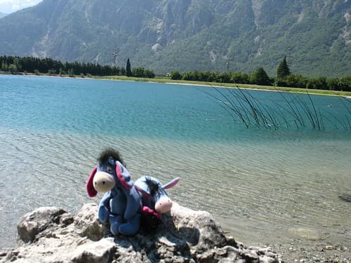 Eeyore and EJ refresh by the lake, Relais du Saint-Bernard, Martigny, Switzerland