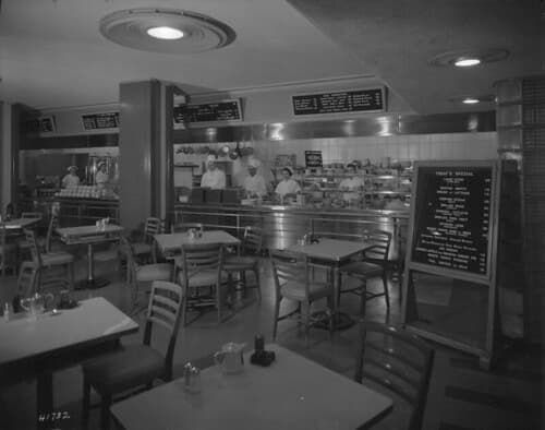 Vancouver Hotel - basement cafeteria with menu and prices / Cafétéria de l’hôtel Vancouver (au sous-sol), avec menu et liste de prix
