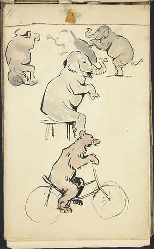 Sketch of a bear on a bicycle and three elephants, London Zoo / Croquis d’un ours à bicyclette et de trois éléphants au zoo de Londres