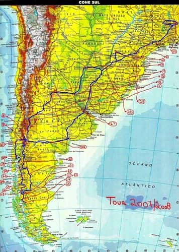 SOUTH AMERICA - AMERICA DEL SUR - AMÉRICA DO SUL: mapa (map) completo do "grand tour", temporada 2007-2008 (trip Argentina & Chile).