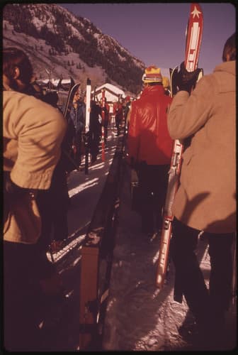 Skiers Waiting for the Free Shuttle Bus That Goes between the Aspen and Snowmass Ski Areas 01/1974