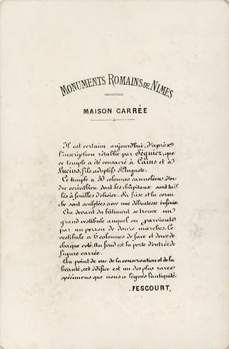 Maison Carrée roman temple (cabinet card by F. Fescourt, Nîmes, France) - reverse side