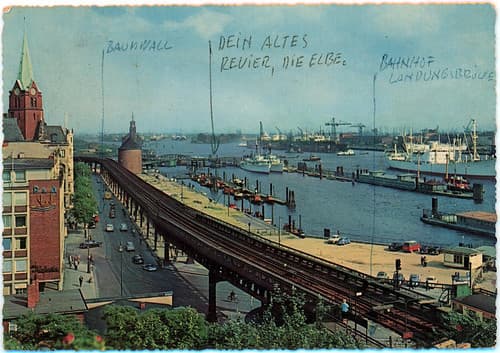 Postcard titled: Hamburg, harbour and Uberseebrucke