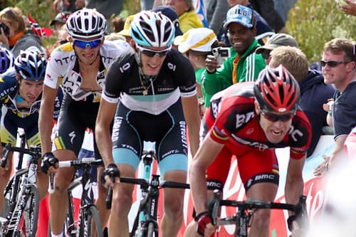 Cadel Evans, Andy Schleck, Peter Velits et Thomas DeGendt