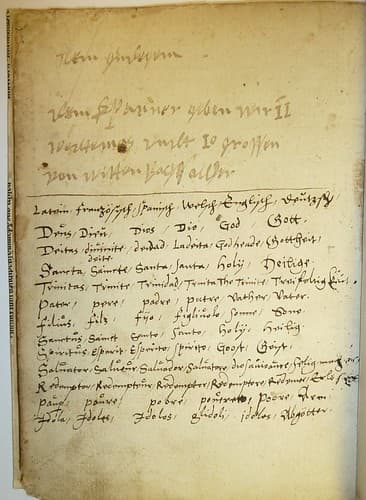 Early German ms. inscription, possibly regarding personal finances, followed by an early ms. list of words in Latin, French, Spanish, Italian, English and German