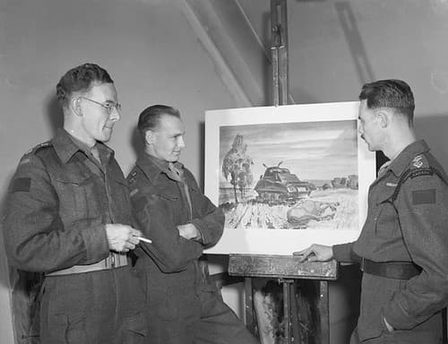 George Campbell Tinning (left), war artist, at art exhibition / George Campbell Tinning (à gauche), artiste de guerre, à une exposition