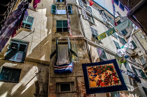 Washing in the narrow streets of Genoa, Italy.