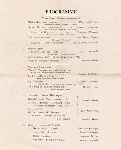 Program for one of Éva Gauthier's concerts of modern music, in London, England, June 1925 / Programme d’un des concerts de musique moderne d’Éva Gauthier, Londres (Angleterre), juin 1925