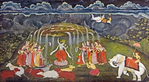 Krishna soulevant la montagne Govardhana (Bikaner, Inde)
