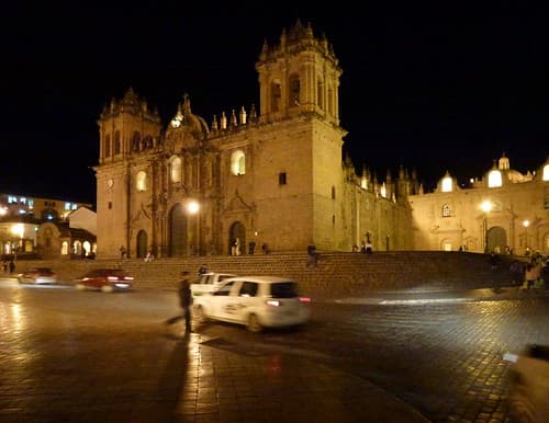 Cathedral of Cusco at night in central Cuzco, Peru.