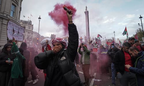Pro Palestine Protester with Red Smoke.
