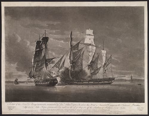 Print by Robert Dodd of HMS Brigg Observer, commanded by Lieut. John Crymes / Estampe de Robert Dodd montrant le navire de sa Majesté Brigg Observer, commandé par le Lt John Crymes